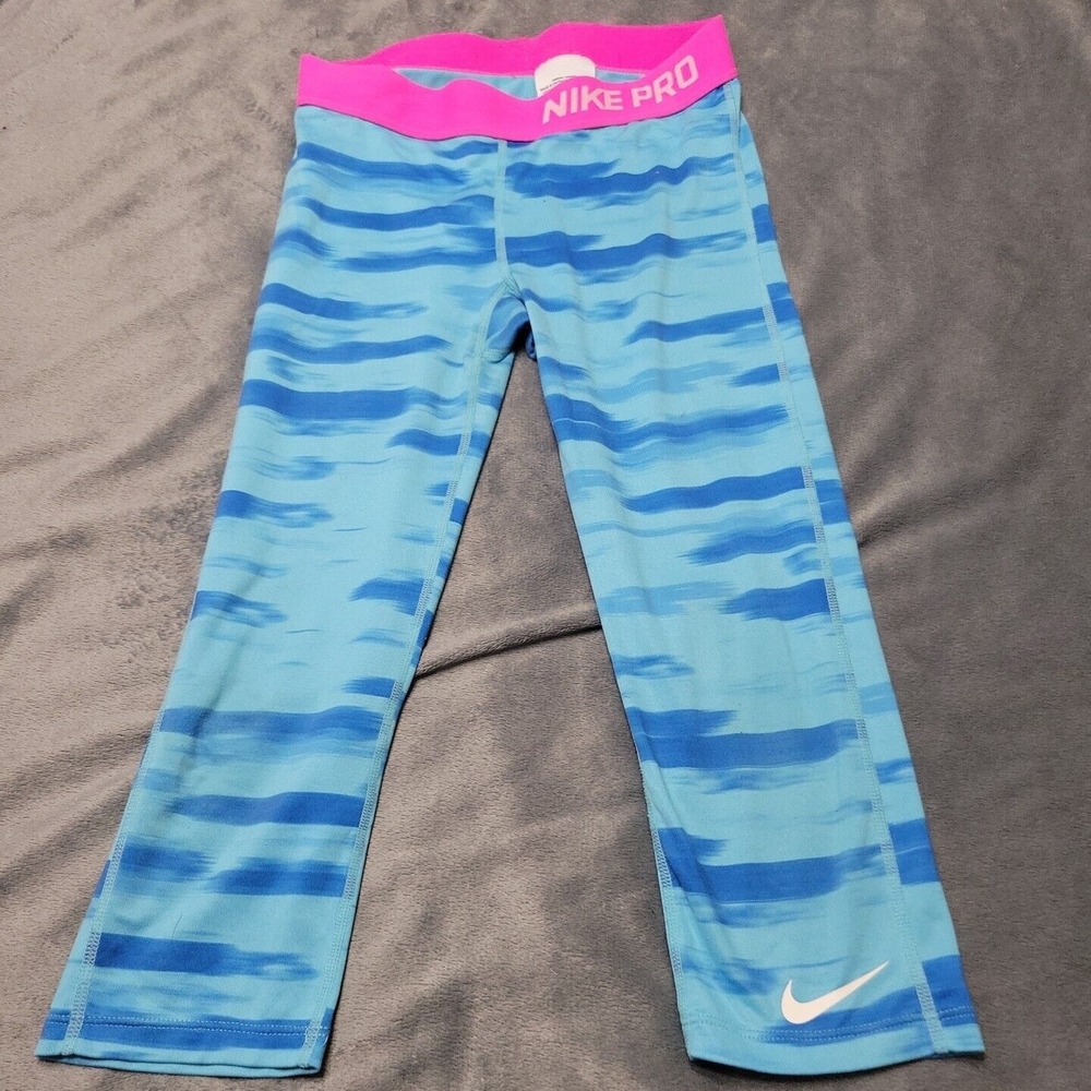 Nike Pro Leggings Girls Large Pants Pink Blue Pull On Geometric Elastic Waist